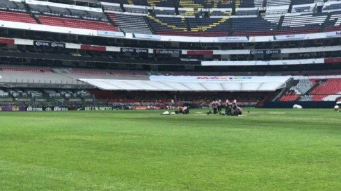 El pasto del Estadio Azteca está siendo reemplazado. (LaraMoritzKMBC)