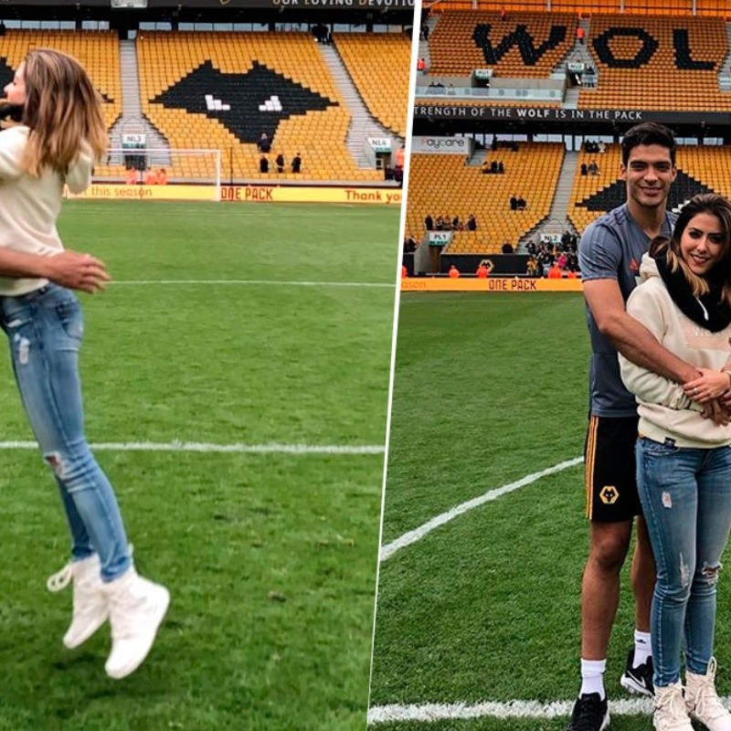 Raúl Jiménez alzó a su novia en el medio del estadio, la besó y ella subió el video