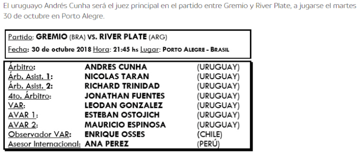 La terna arbitral de Gremio-River. (Captura: CONMEBOL)