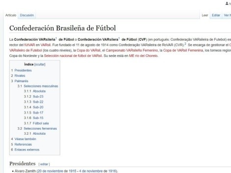 Es viral: modificaron en Wikipedia la información de la Confederación Brasileña de Fútbol