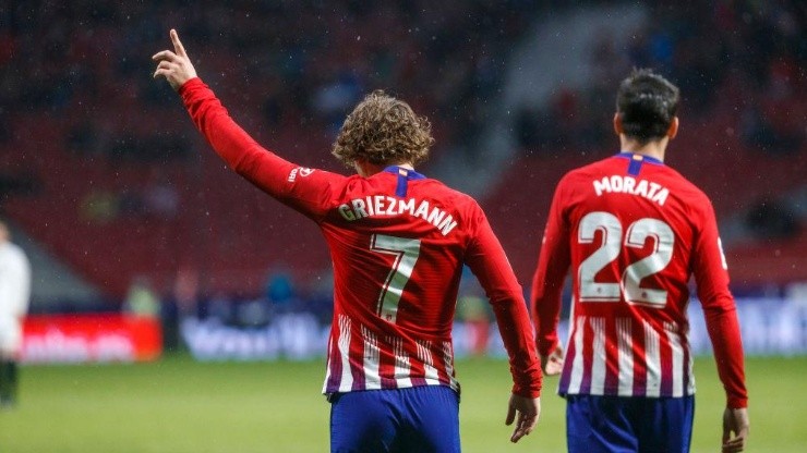 Griezmann festejando uno de sus últimos goles con la camiseta del Aleti. (getty)