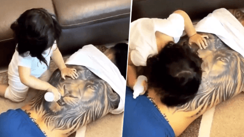 Driussi subió video de su hija "alimentando" al león que tiene en la espalda