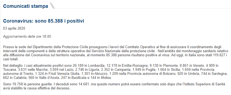 El comunicado emitido por elDepartamento de Protezione Civile este 3 de abril (Foto: captura)