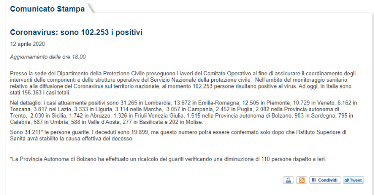 El informe delDepartamento de Protezione Civile de este 12 de abril (Foto: captura)