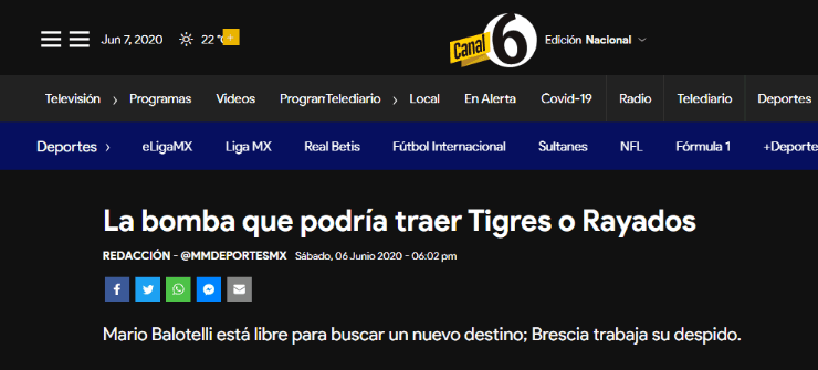 Multimedios Deportes deslizó que Tigres y Monterrey podrían fichar a Super Mario (Foto Captura)