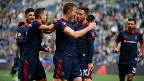The Chicago Fire celebrate a Robert Beric (27) first half goal against the Seattle Sounders (Getty).