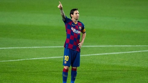 Foto de Lionel Messi celebrando su gol con Barcelona.