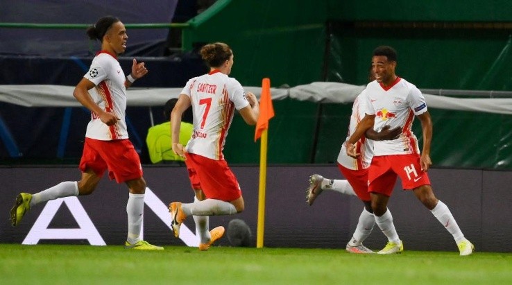 Tyler Adams celebrates with teammates after scoring his team&#039;s second goal during the UEFA Champions League Quarter Final match between RB Leipzig and Atlético de Madrid (Getty).