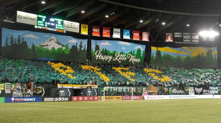 Portland Timbers fans hold up a tifo before their match against Minnesota United. (Getty)