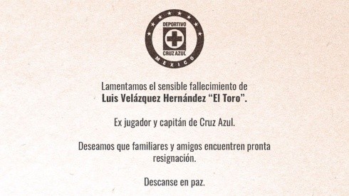 Cruz Azul informó el fallecimiento de Luis Velázquez 'El Toro', leyenda de Cruz Azul.