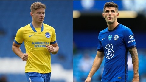 Max Sanders of Brighton (left) and Christian Pulisic of Chelsea (right). (Getty)