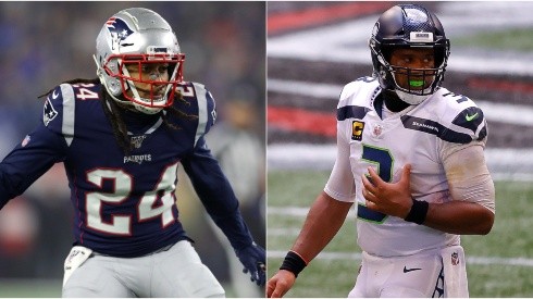 Stephon Gilmore (left) and Russell Wilson. (Getty)