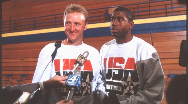 Larry Bird and Magic Johnson, the two biggest rivals in NBA history. (Getty)