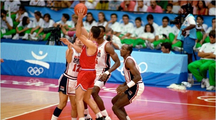 Drazen Petrovic trying to get past the Dream Team&#039;s defense. (Getty)