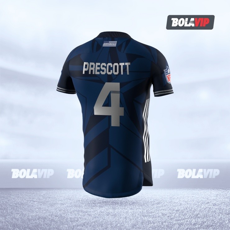 The Dallas Cowboys home soccer jersey from the back.