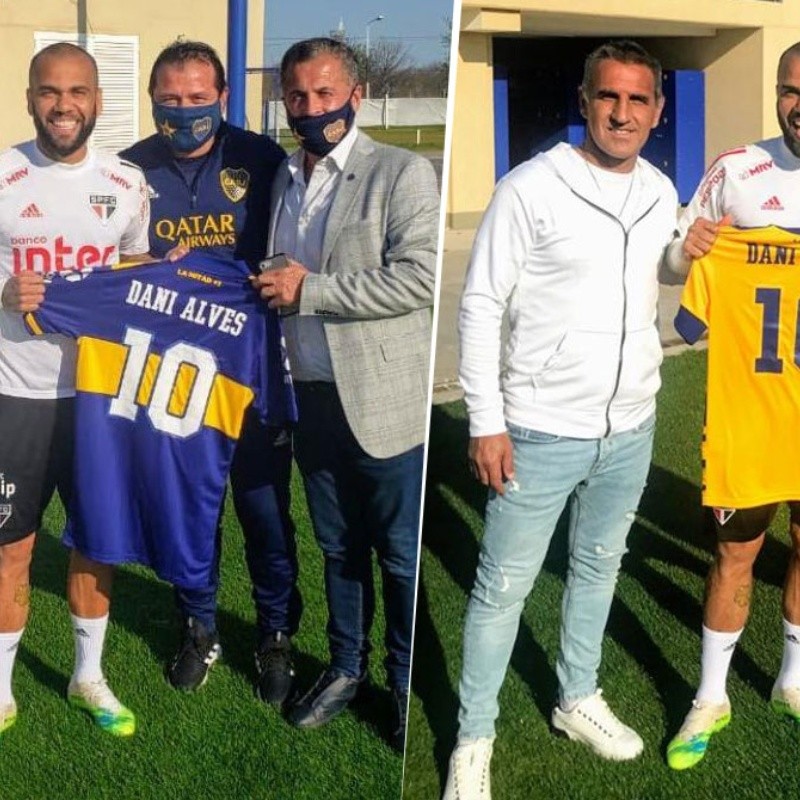 Nos volvemos locos: Dani Alves posó con la 10 de Boca junto a Cascini y Delgado