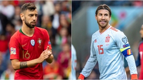 Portugal vs Spain 2020: Bruno Fernandes of Portugal (left) and Sergio Ramos of Spain (Getty).