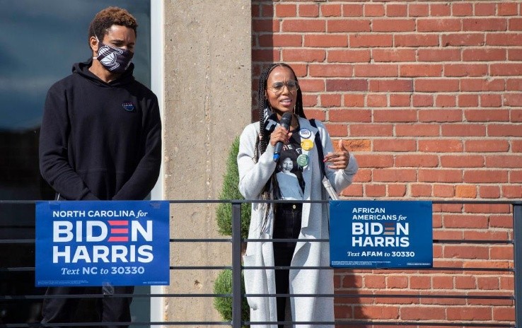 Kerry Washington and Nnamdi Asomugha speak at an Early Vote Mobilization event on October 17, 2020 in Durham, North Carolina.