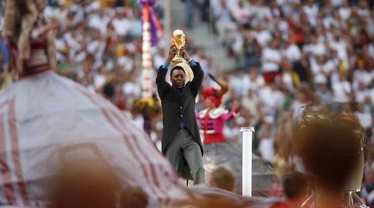Pele with World Cup trophy during Opening Ceremony before Germany vs Costa Rica game, Munich, Germany 692006 