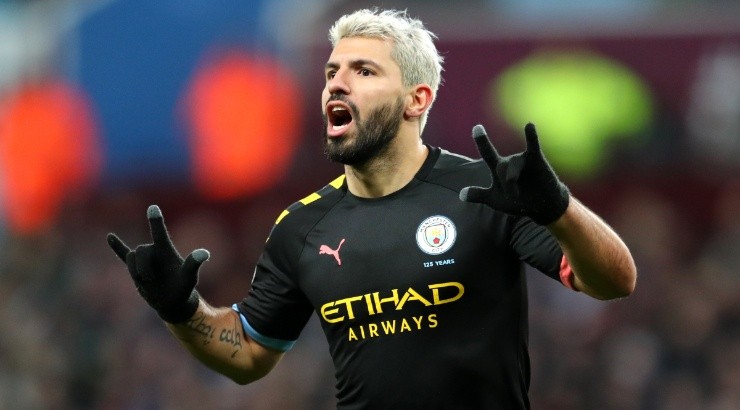 Sergio Aguero of Manchester City celebrates after he scores a goal. (Getty Images)