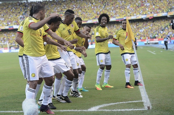 Así festejó Yerry Mina su gol la última vez que Colombia enfrentó a Uruguay en Barranquilla. // Getty Images.