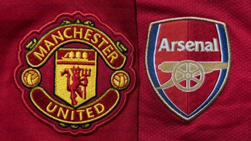 The Manchester United and Arsenal club crests on home shirts. (Getty)