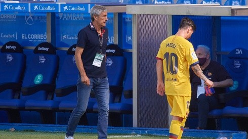 Foto de Quique Setien con Lionel Messi.