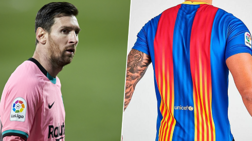 Foto de Lionel Messi y la nueva camiseta de Barcelona.