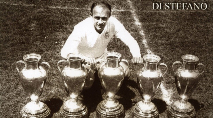 Alfredo Di Stefano of Real Madrid poses with European Cup trophies. (Getty)