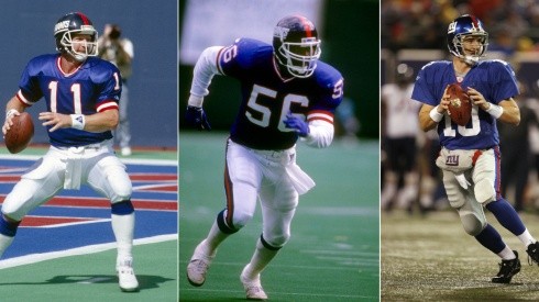 Phil Simms, Lawrence Taylor, and Eli Manning are three of the top 25 greatest New York Giants players. (Getty)
