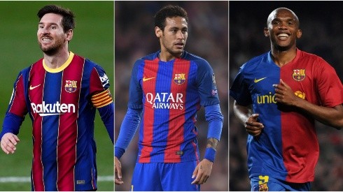 Lionel Messi (left), Neymar (centre), and Samuel Eto'o (right). (Getty)