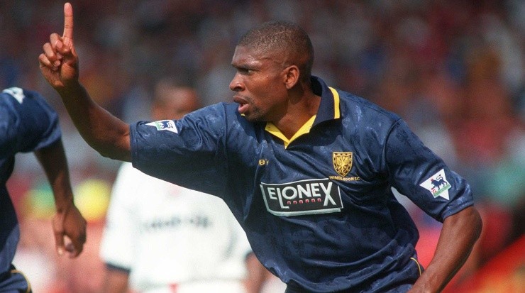 Wimbledon’s Efan Ekoku celebrates the opening goal against Bolton Wanderers. (Getty)