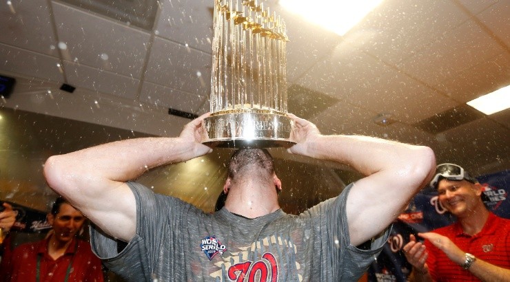 Max Scherzer of the Washington Nationals celebrates in the locker room after defeating the Houston Astros to win the 2019 World Series. (Getty)
