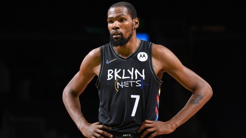 Kevin Durant of the Brooklyn Nets looks on during a game against the Boston Celtics. (Getty)