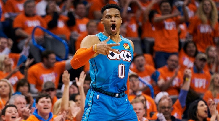Russell Westbrook of the Oklahoma City Thunder reacts after a made basket against the Portland Trail Blazers. (Getty)