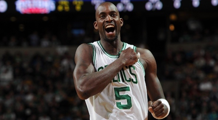 Kevin Garnett of the Boston Celtics gets pumped up during the game against the Detroit Pistons. (Getty)