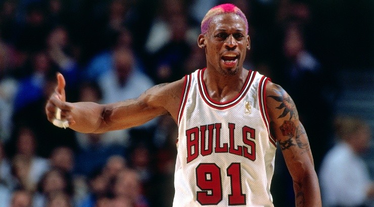 Dennis Rodman of the Chicago Bulls reacts during a game in 1997. (Getty)
