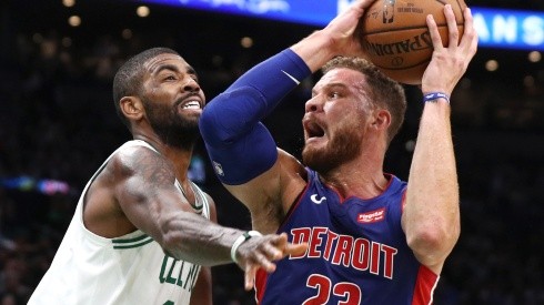 Kyrie Irving (left) of the Boston Celtics defends Blake Griffin (right) of the Detroit Pistons. (Getty)
