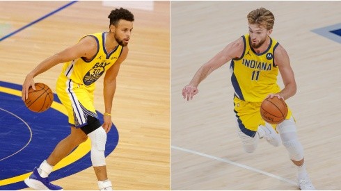 Warriors' Stephen Curry (left) and Pacers' Domantas Sabonis (right). (Getty)