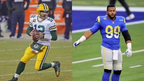 Aaron Rodgers (left) and Aaron Donald (right) will clash in the NFC Divisional round. (Getty)