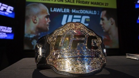 A view of the championship belt during the UFC 189 World Championship Press Tour. (Getty)
