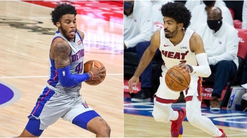 Saddiq Bey of the Detroit Pistons (left) and Gabe Vincent of the Miami Heat (right). (Getty)