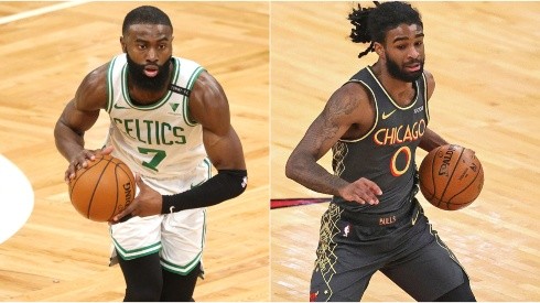 Jaylen Brown (left) of the Boston Celtics and Coby White (right) of the Chicago Bulls. (Getty)