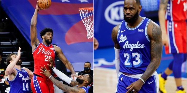 NBA LeBron James and Joel Embiid foul in Los Angeles Lakers vs 76ers [Video]