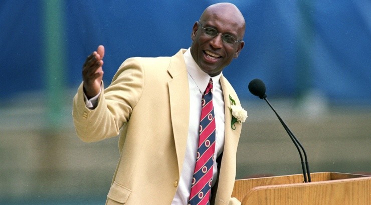 Eric Dickerson talks to the press during his induction into the Pro Football Hall of Fame in 1999. (Getty)