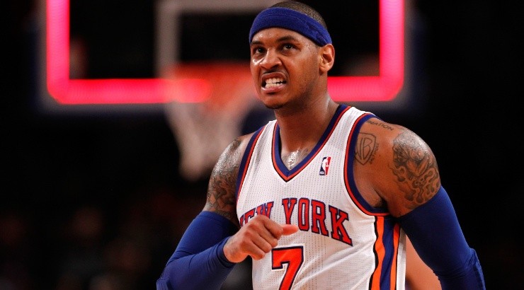 Carmelo Anthony of the New York Knicks reacts after a shot. (Getty)