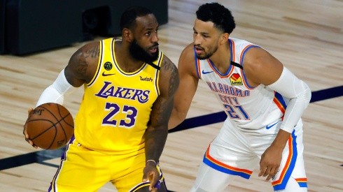LeBron James (left) of the Los Angeles Lakers is defended by Andre Roberson (right) of the Oklahoma City Thunder. (Getty)