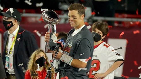Tom Brady of the Tampa Bay Buccaneers holds the Vince Lombardi trophy (Getty).