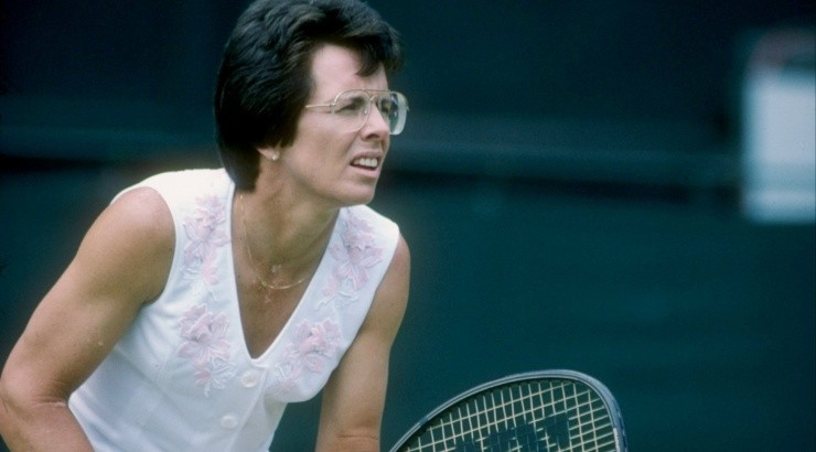 Billie Jean King stands on the court during a match at Wimbledon in England. (Getty)