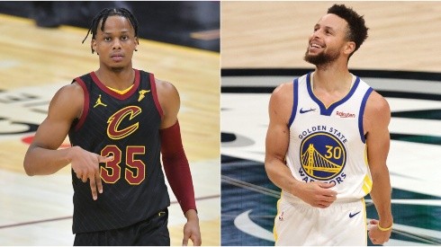 Isaac Okoro (left) of the Cleveland Cavaliers and  Stephen Curry (right) of the Golden State Warriors. (Getty)